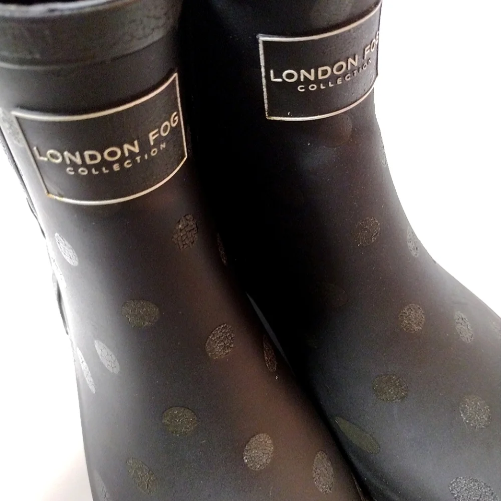 London Fog Women's Piccadilly Rain Ankle Pull On Waterproof Boots Black Dots